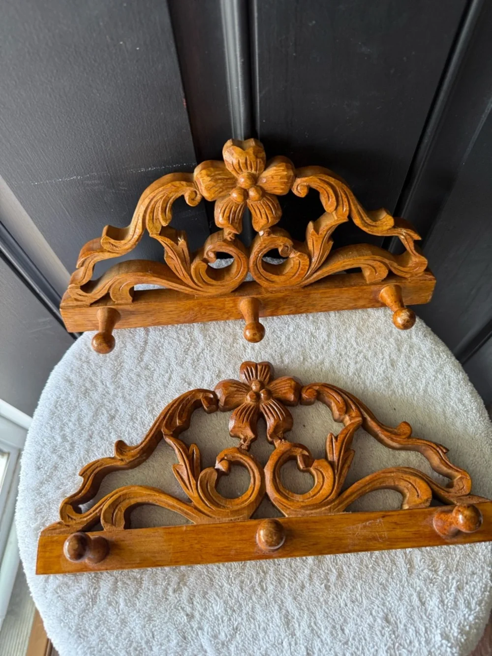 Vintage Pair Ornate Carved Wood Wall Hook - Honey Brown